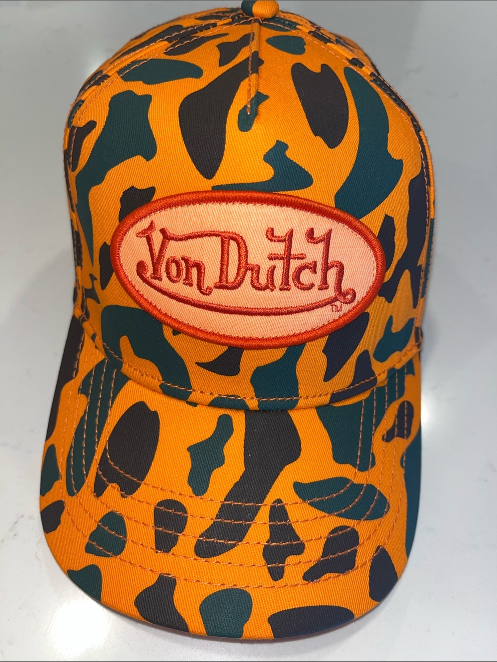 Von Dutch Orange Camo Trucker Baseball Cap Adjustable Hat Y2K